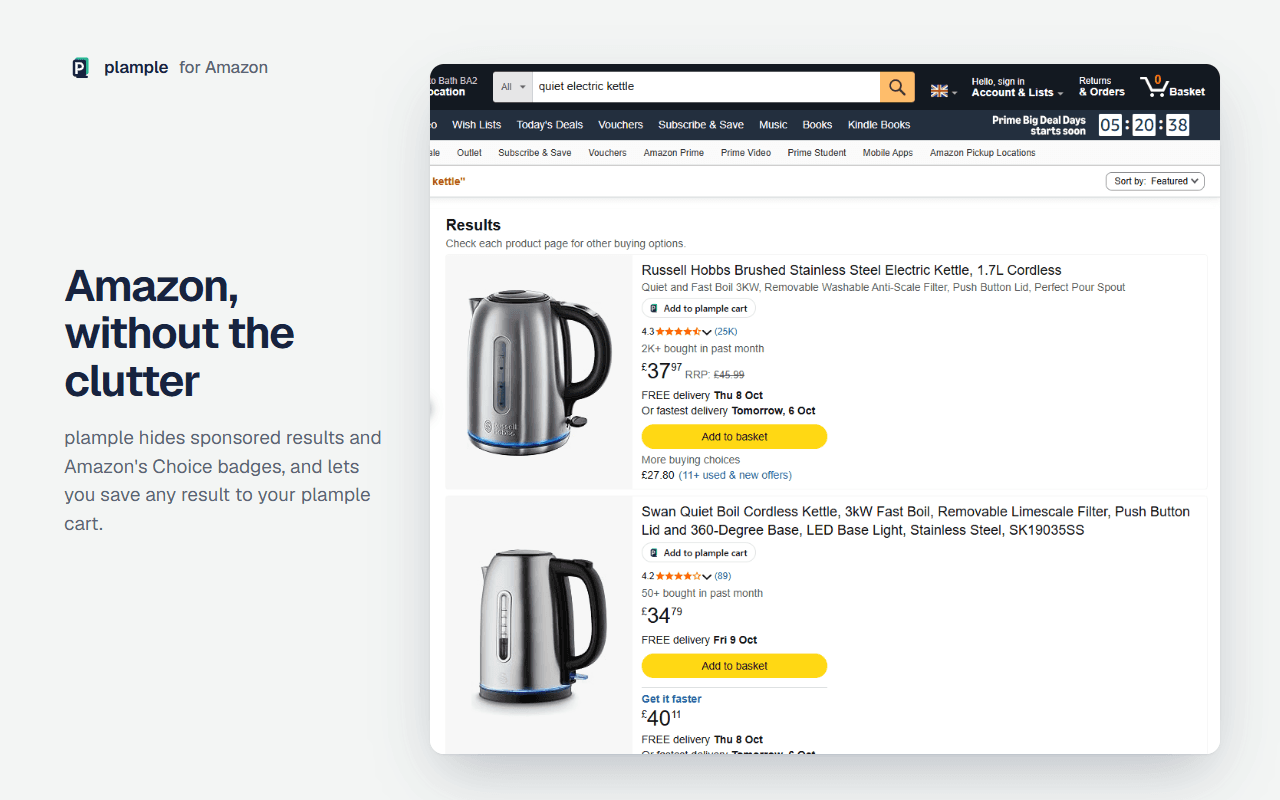 Amazon search results for kettles with the sponsored listings removed and an Add to plample cart button on each result